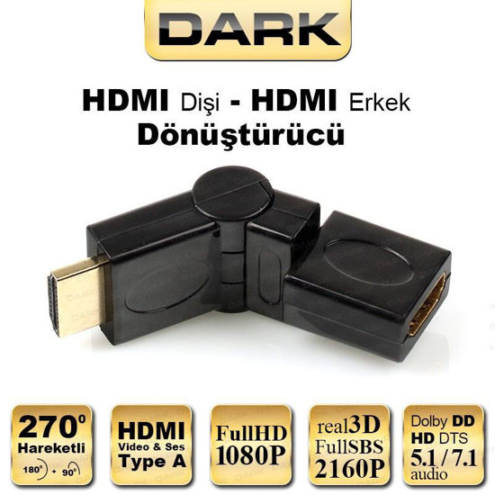 DARK 270 Derece Dönebilen HDMI Erkek - HDMI Dişi Çevirici Dirsek DK-HD-AMXF270 resmi